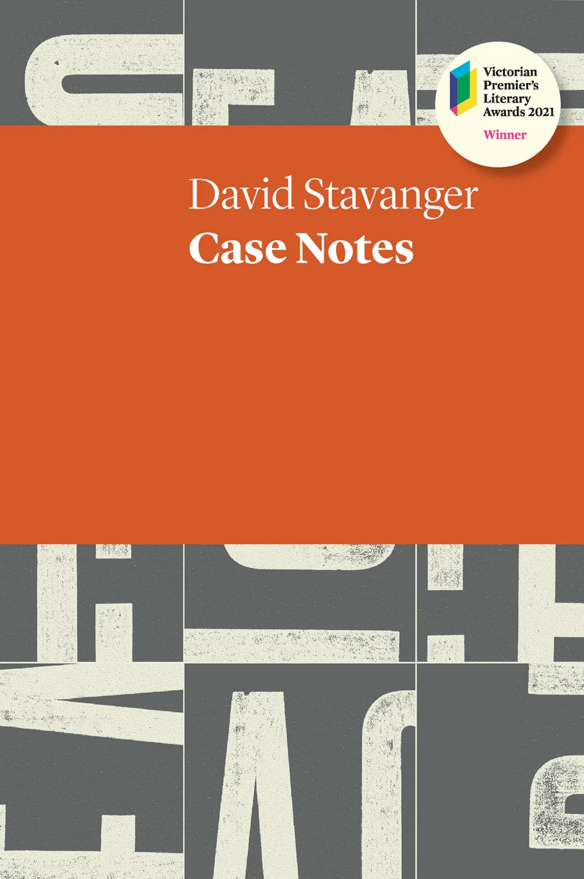 David Stavanger Case Notes, white lettering on orange band over grey and white blocks of letters