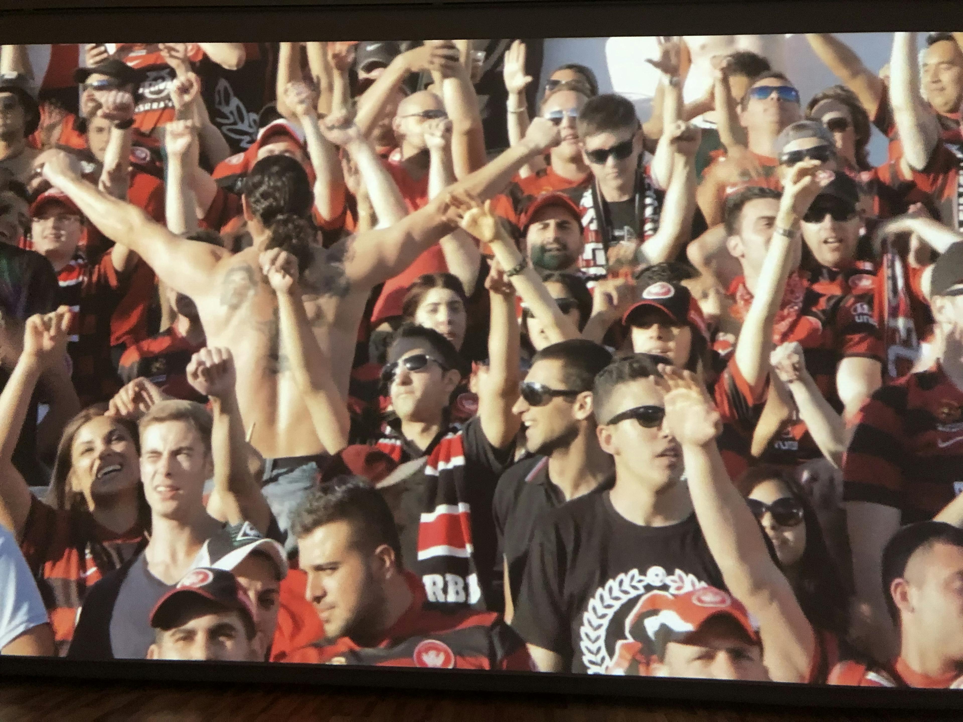 Various people in a crowd cheering with their hands up, wearing Wanderers merchandise at a sports event.