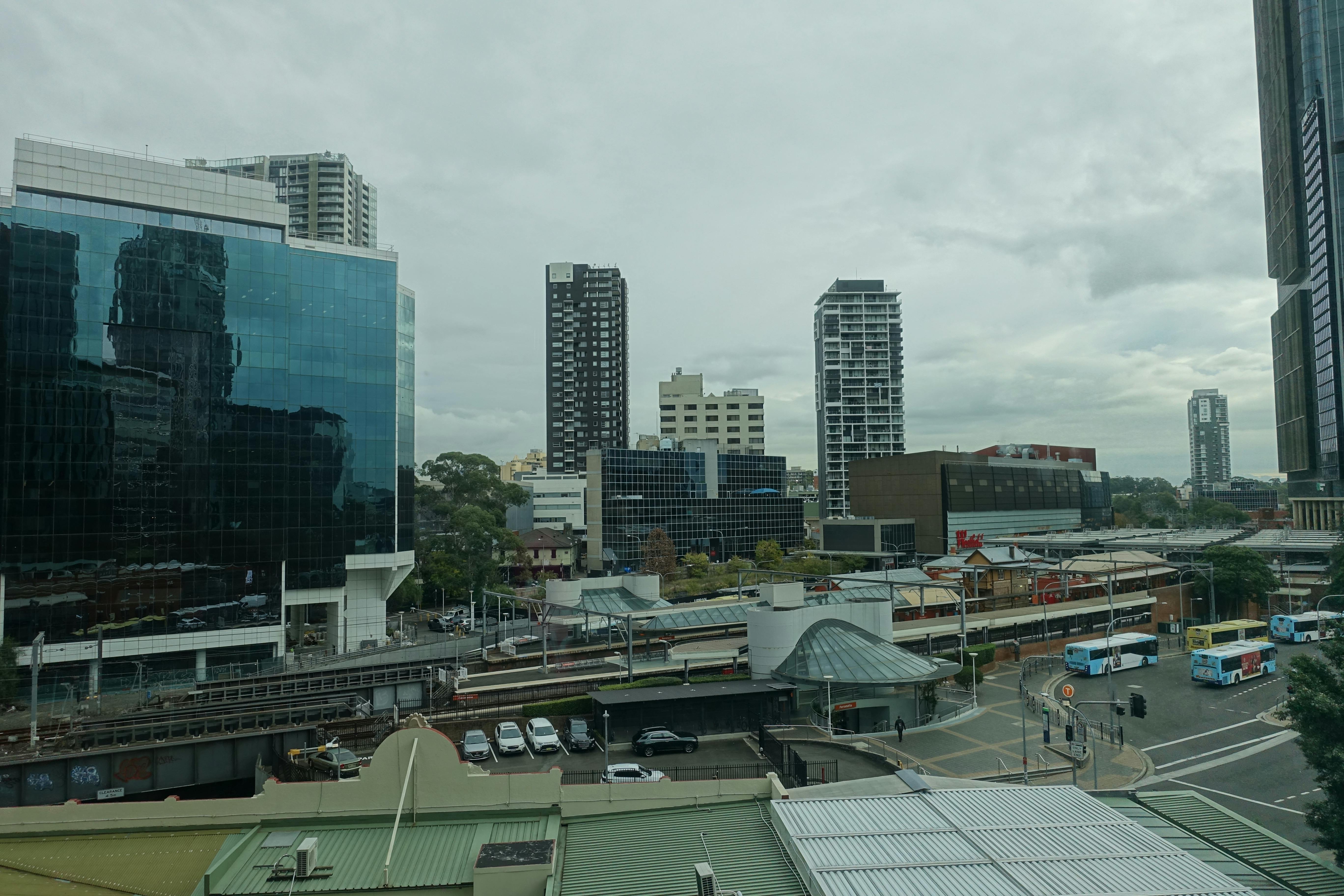 A cityscape view of Parramatta from the roof of the Commercial Hotel.  
