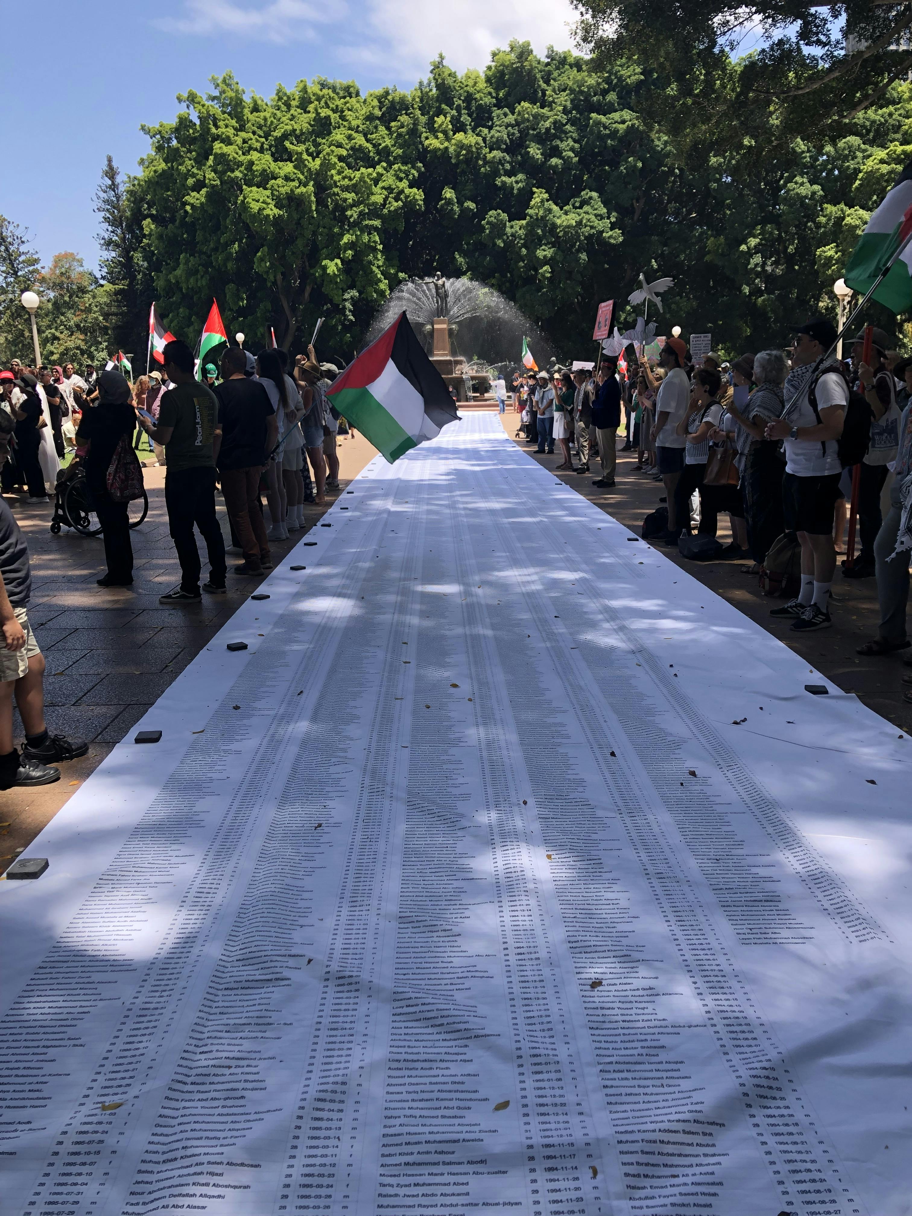 Long fabric in Hyde Park, Sydney, listing the names of 11,000 children who died in Gaza. People flying the Palestinian flag stand around it, reading the names.
