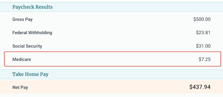 PaycheckCity Salary Calculator results for Medicare tax if a paycheck's gross pay is $500: 500 * .0145 = $7.25 PaycheckCity Salary Calculator results for Medicare tax if a paycheck's gross pay is $500: 500 * .0145 = $7.25