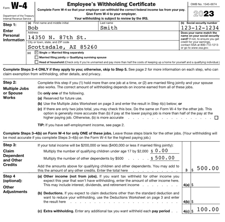 W-4 example where Bob Smith claims filing as single, $500 for dependents, and $100 withholding per paycheck.