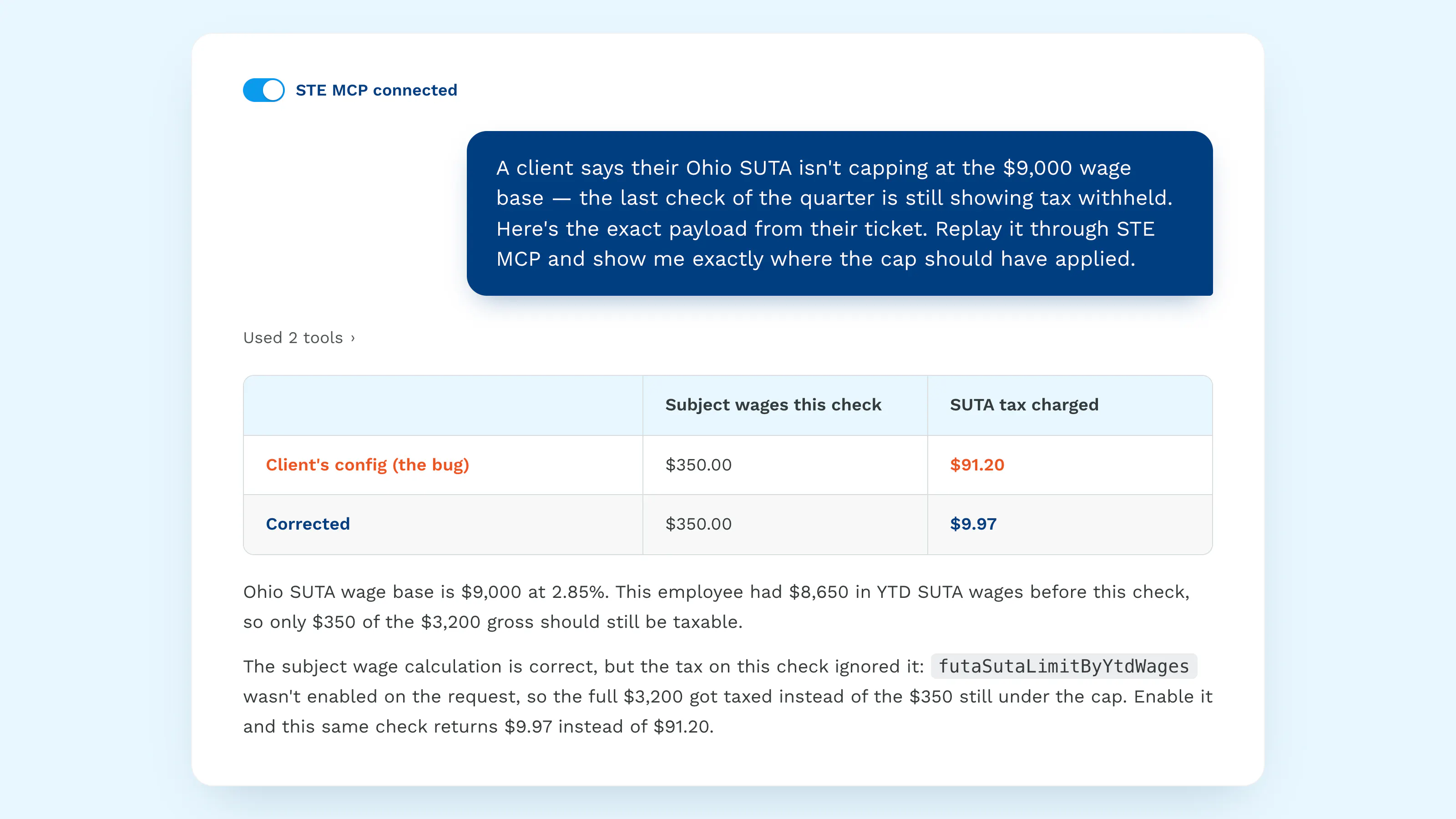 Support ticket replayed in STE MCP, showing an Ohio SUTA calculation that should cap at the $9,000 wage base, corrected from $91.20 to $9.97.