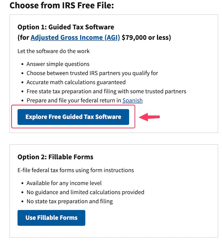 IRS Free File options. File electronically by clicking Explore Free Guided Tax Software