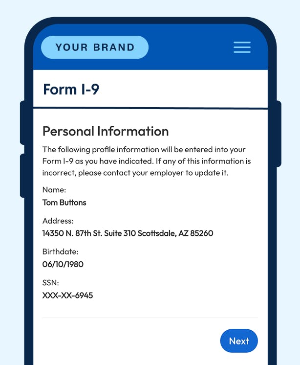 Employee filling out their Form I-9 on their mobile using Symmetry I-9