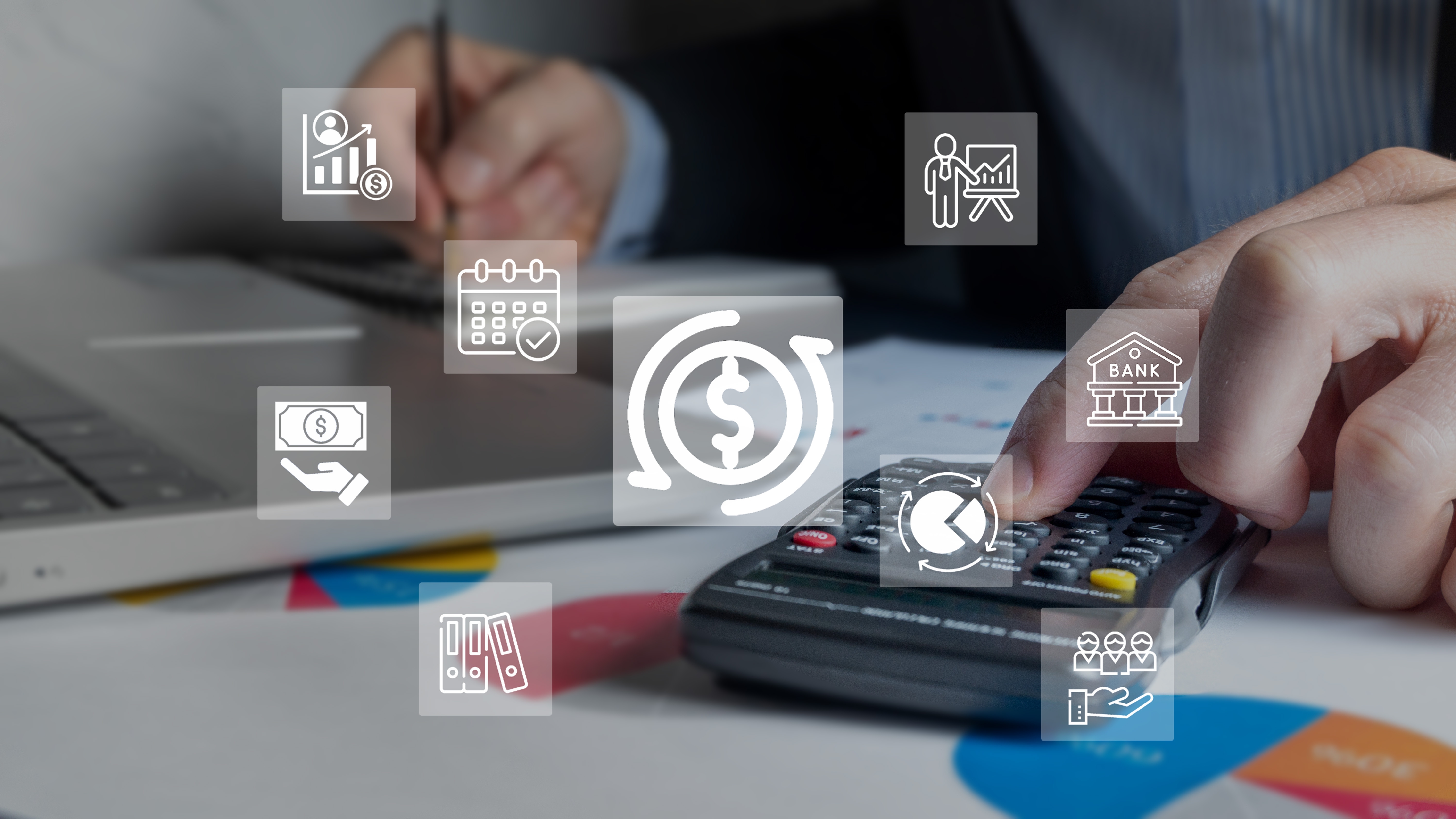 A close-up of a person using a calculator on a desk with financial charts and a laptop, overlaid with icons representing budgeting, banking, payments, scheduling, and financial analysis.