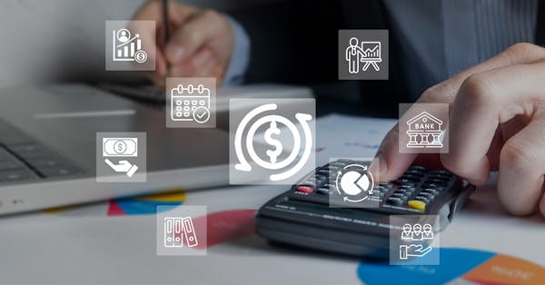 A close-up of a person using a calculator on a desk with financial charts and a laptop, overlaid with icons representing budgeting, banking, payments, scheduling, and financial analysis.