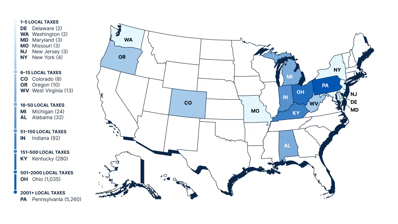 Symmetry local payroll tax map of the United States showing where local income taxes apply.