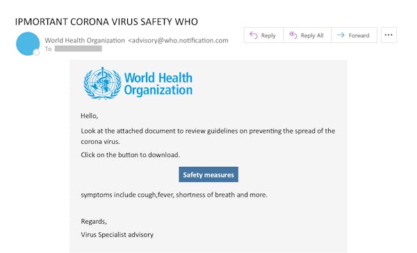 World Health Organization email threat example regarding Coronavirus safety measures.