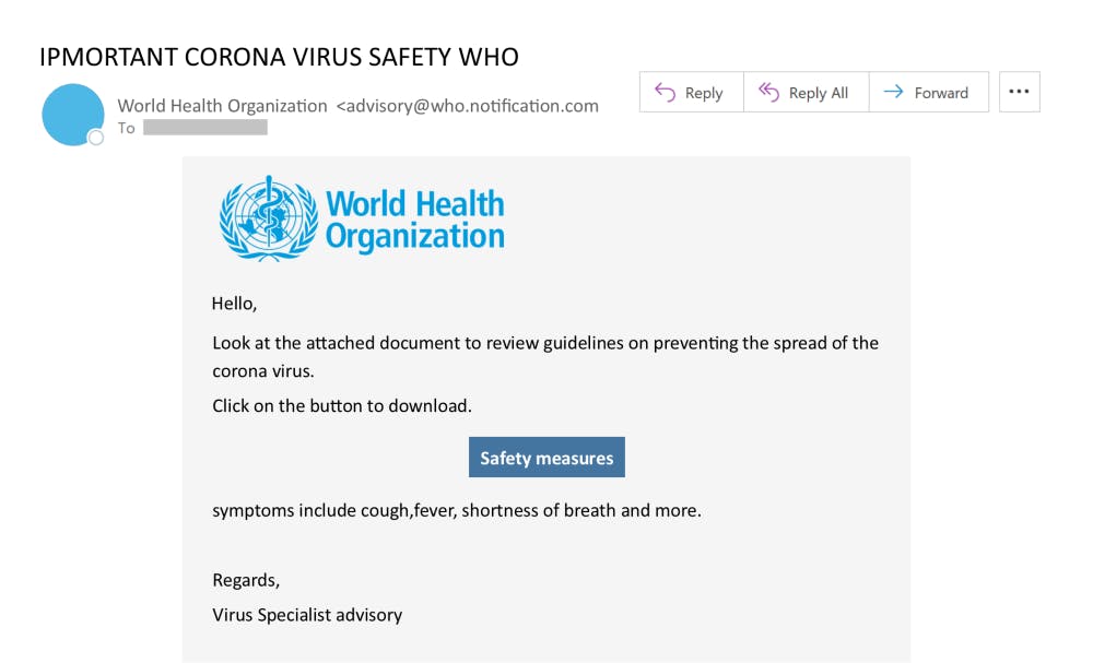 World Health Organization email threat example regarding Coronavirus safety measures.