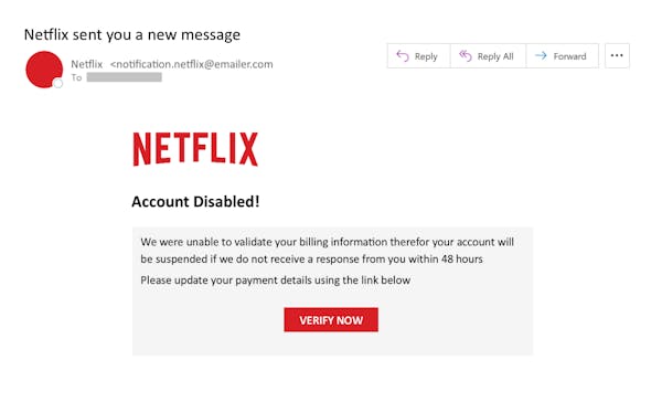 Netflix email threat example with subject line account disabled.
