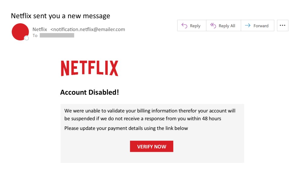 Netflix email threat example with subject line account disabled.