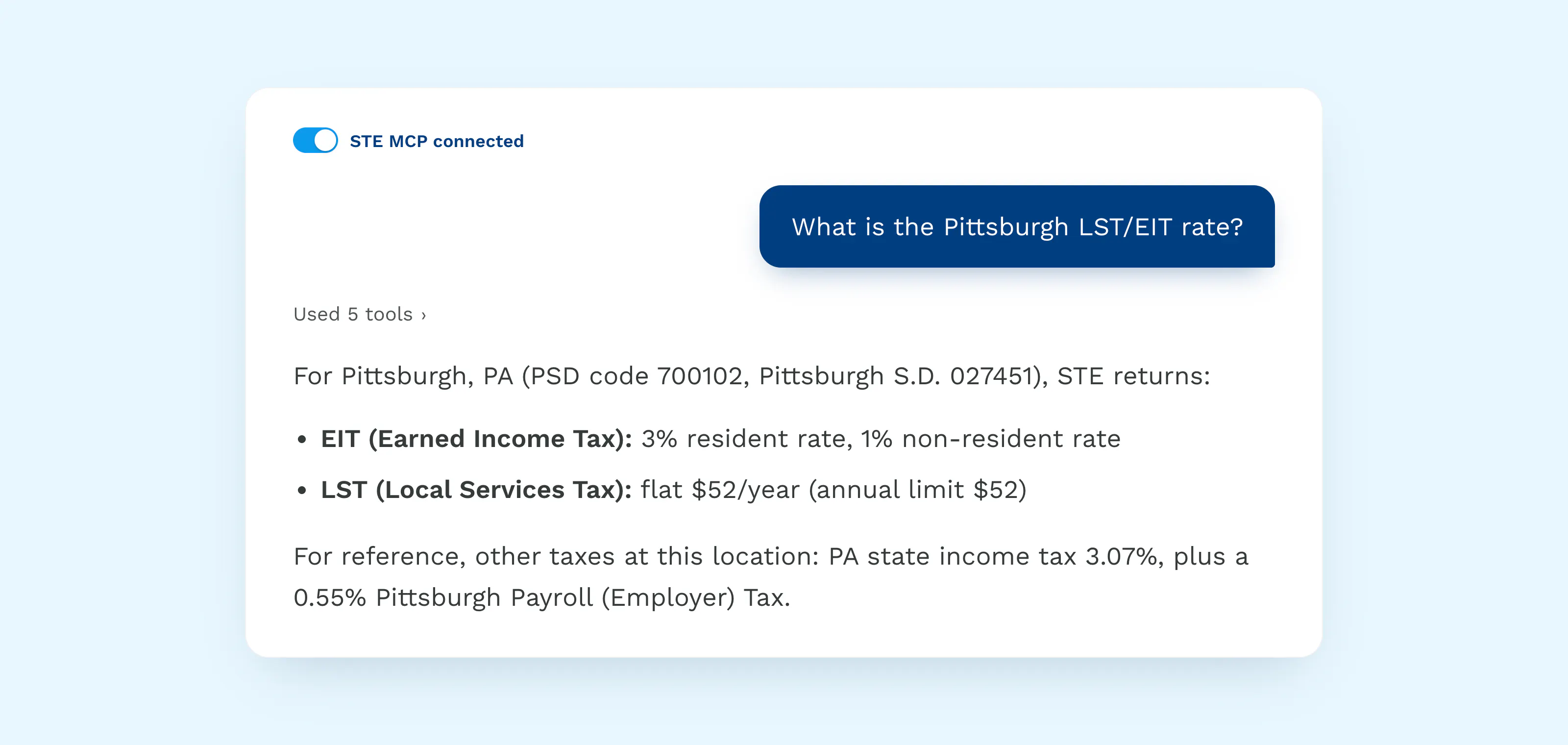 Question to STE MCP about Pittsburgh's Local Services Tax and Earned Income Tax, with STE MCP returning LST at $52/year flat and EIT at 3% for residents, 1% for non-residents.