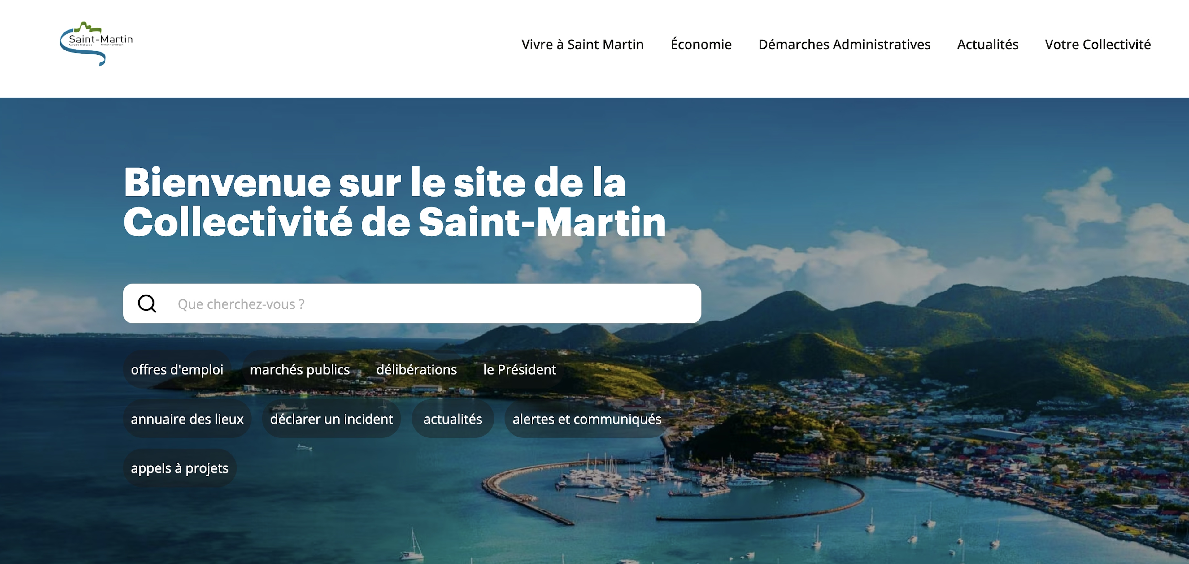 Capture d'écran avec apparence actuelle du site web de Saint Martin