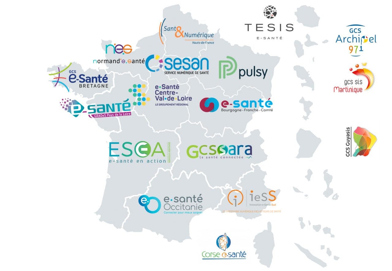 carte de la France avec les différentes instances de groupements Régionaux d’Appui au Développement de la e-Santé