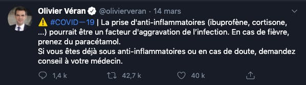 tweet d'Olivier Veran à propos des médicaments à proscrire en cas de symptomes du Covid