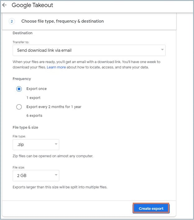 how to backup google drive using takeout: choose export settings