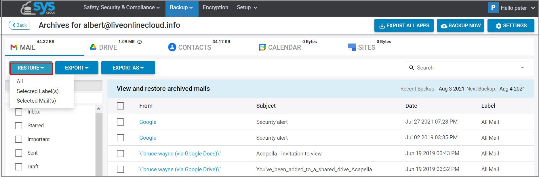 8. SysCloud email archive