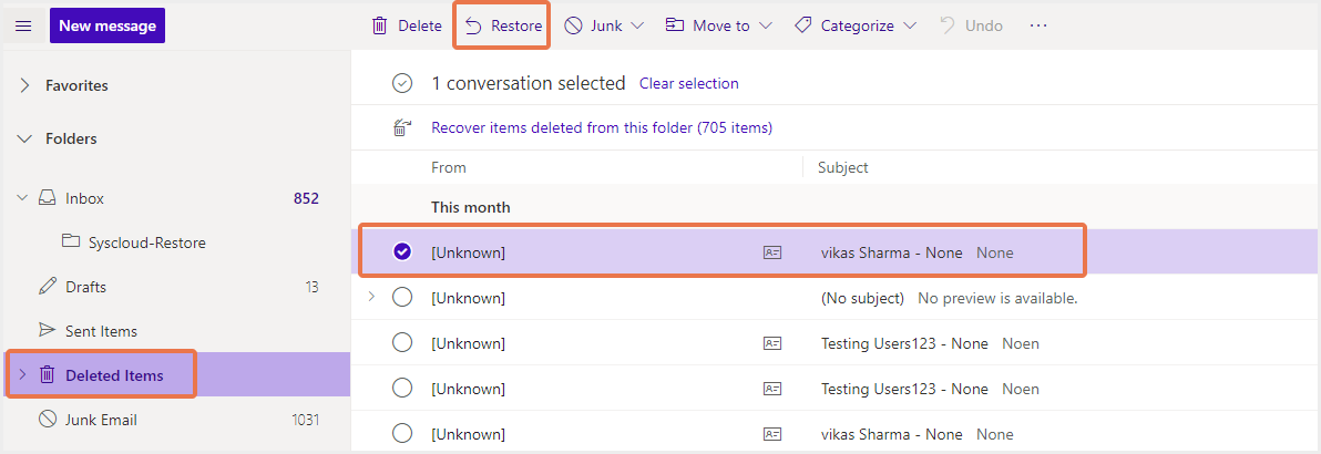 office 365 email deleted items recovery