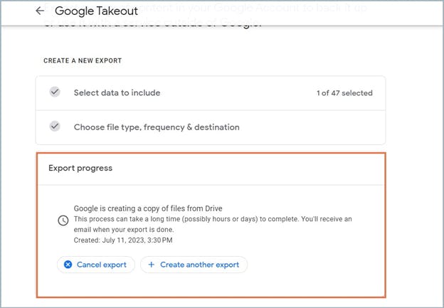 backup google drive using google takeout: export progress