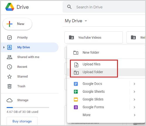  transfer google drive files to another account- upload files or folder