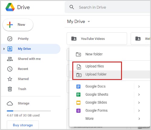 transfer google drive files to another account- upload files or folder