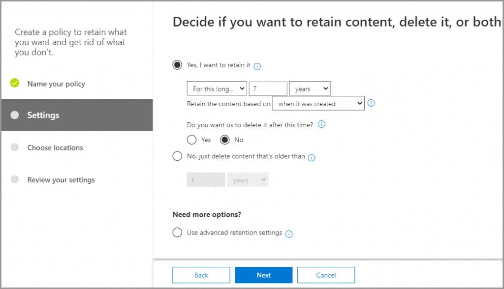 Configure retention settings