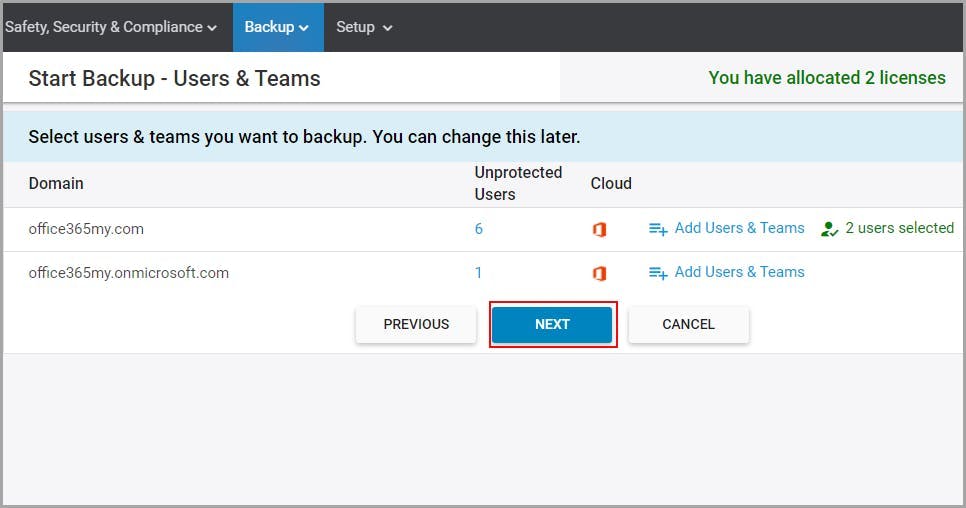 SysCloudを使用してOutlookの電子メールをバックアップ - 次をクリックします。