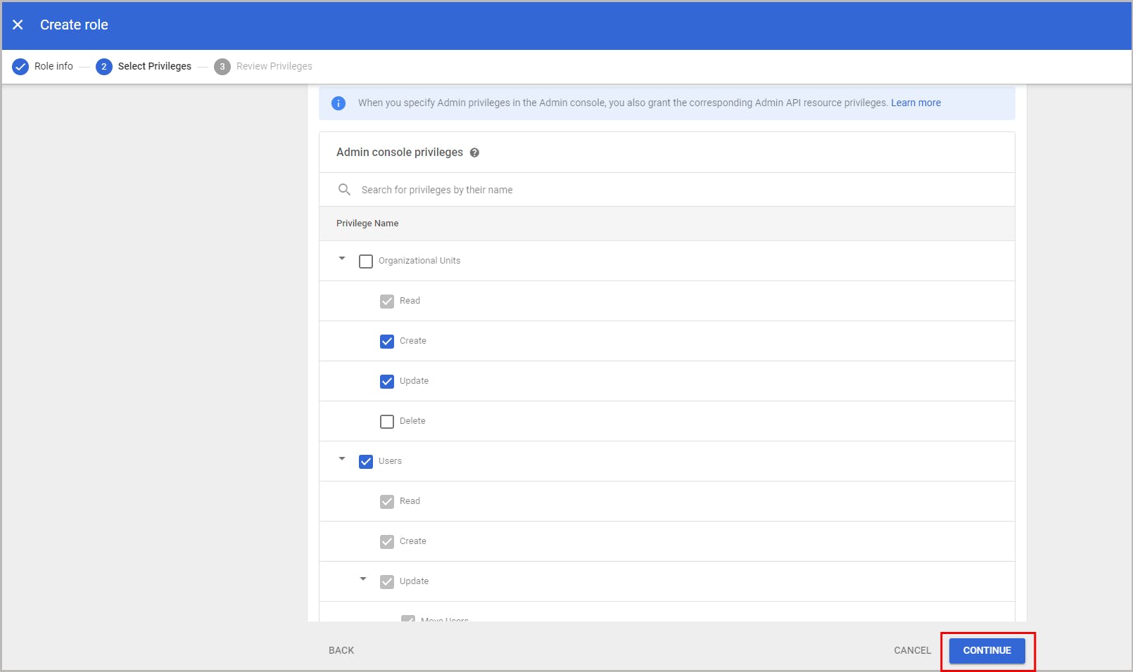 Create a custom administrator role for a google organizational unit