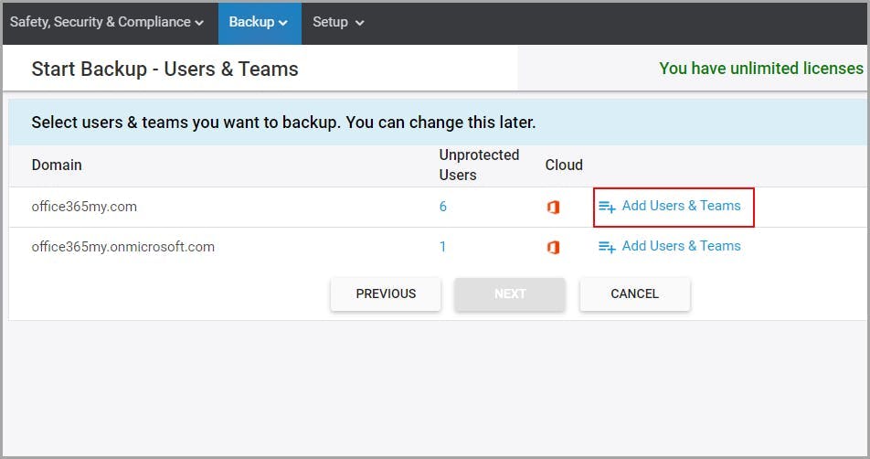 SysCloudを使用したoutlookメールのバックアップ - ユーザーとチームの追加