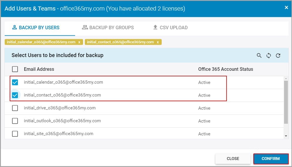 Backup Outlook emails using SysCloud - select users and confirm