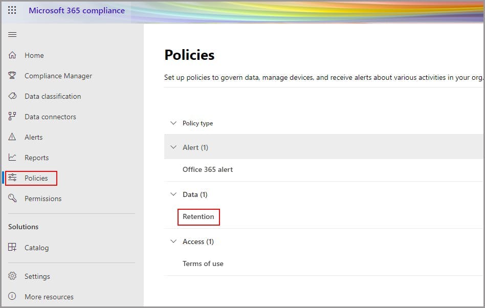 Navigate to policies - retention