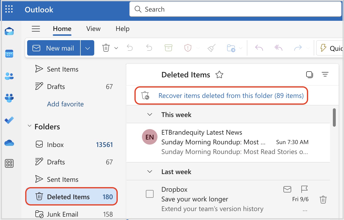 Screenshot of the recoverable items in the deleted items folder in Outlook.