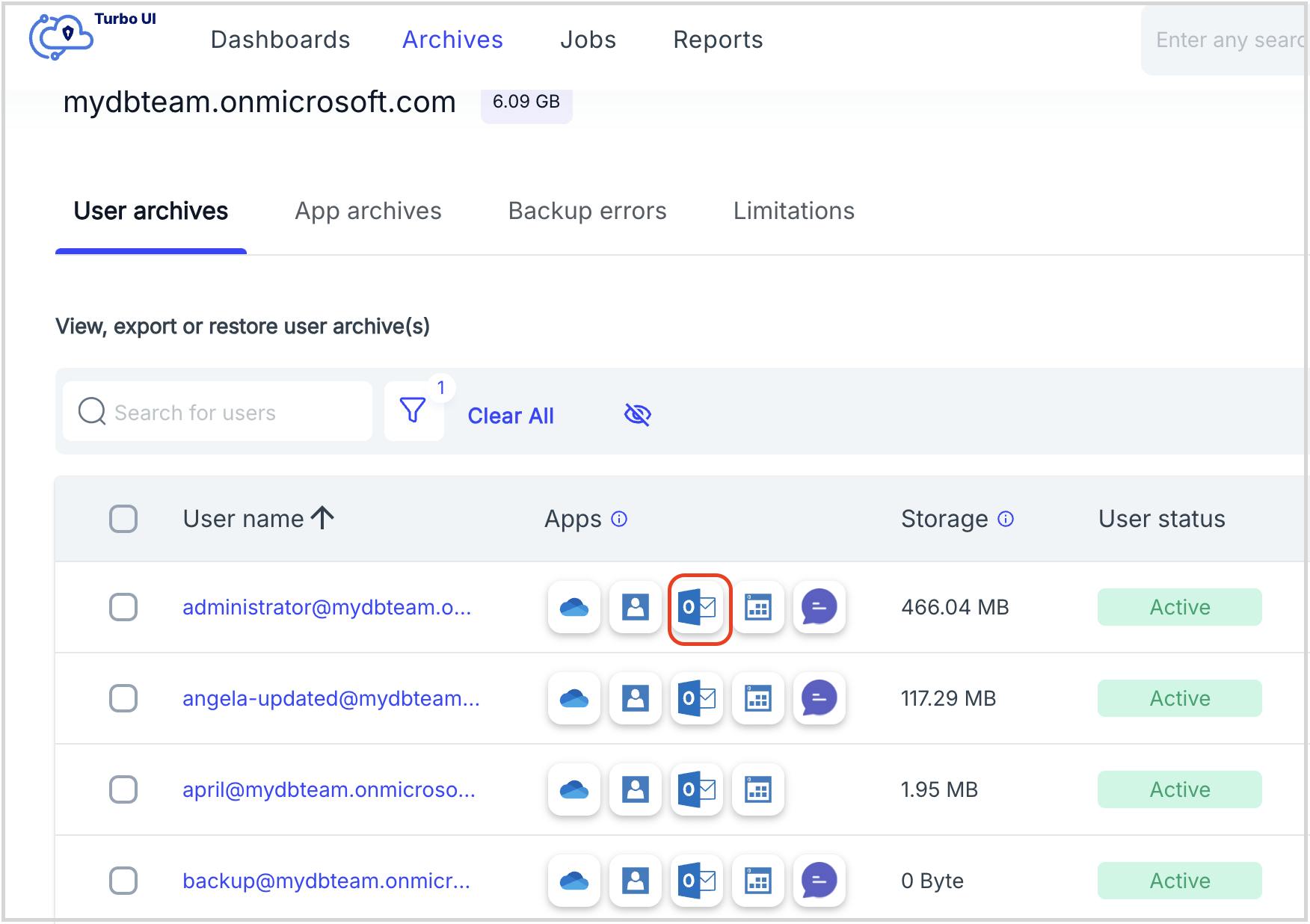 The SysCloud Microsoft 365 user-level backup archives with the Outlook app highlighted.