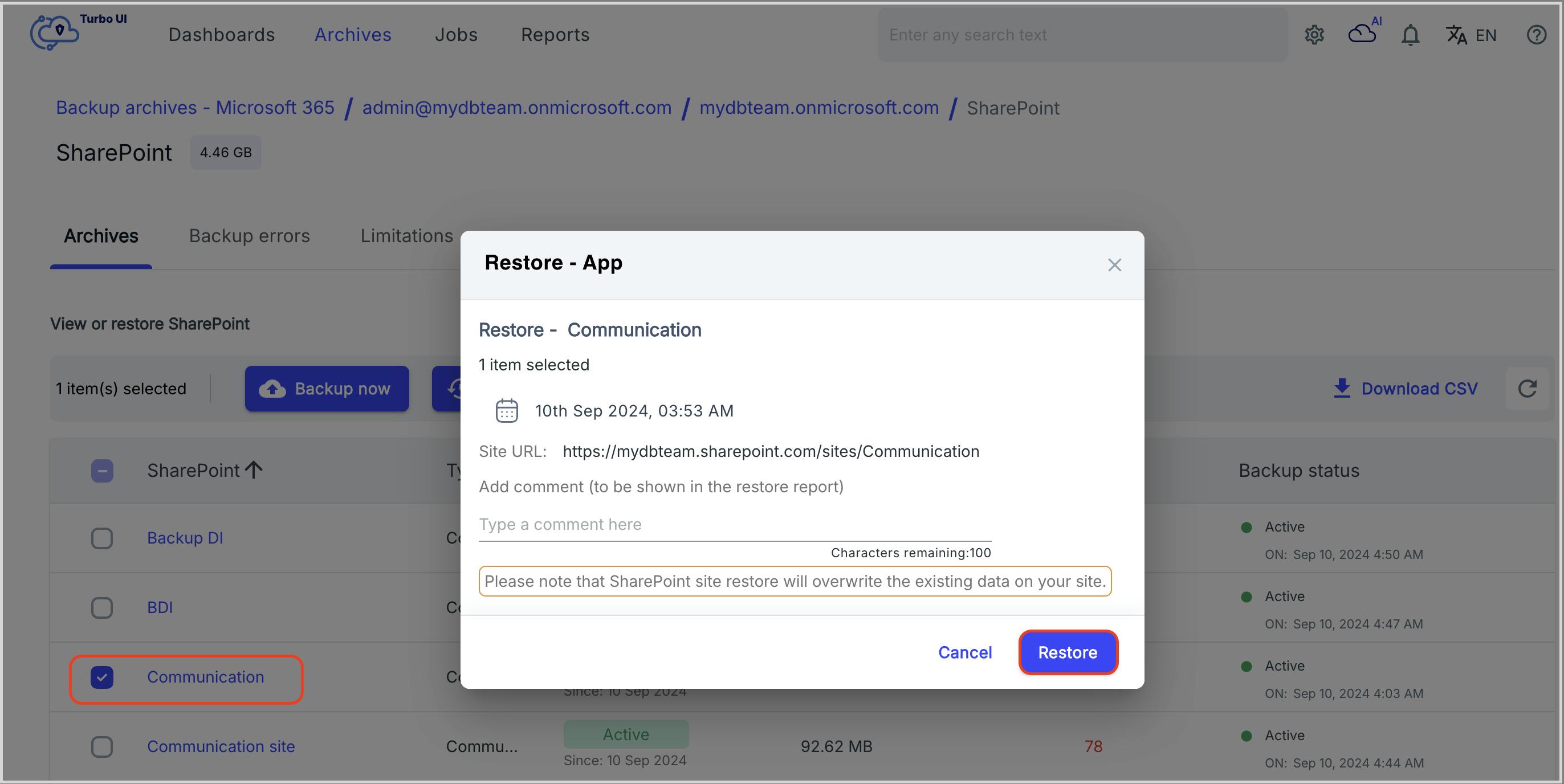 Screenshot of restoring a SharePoint Site from the SysCloud backup archives. 