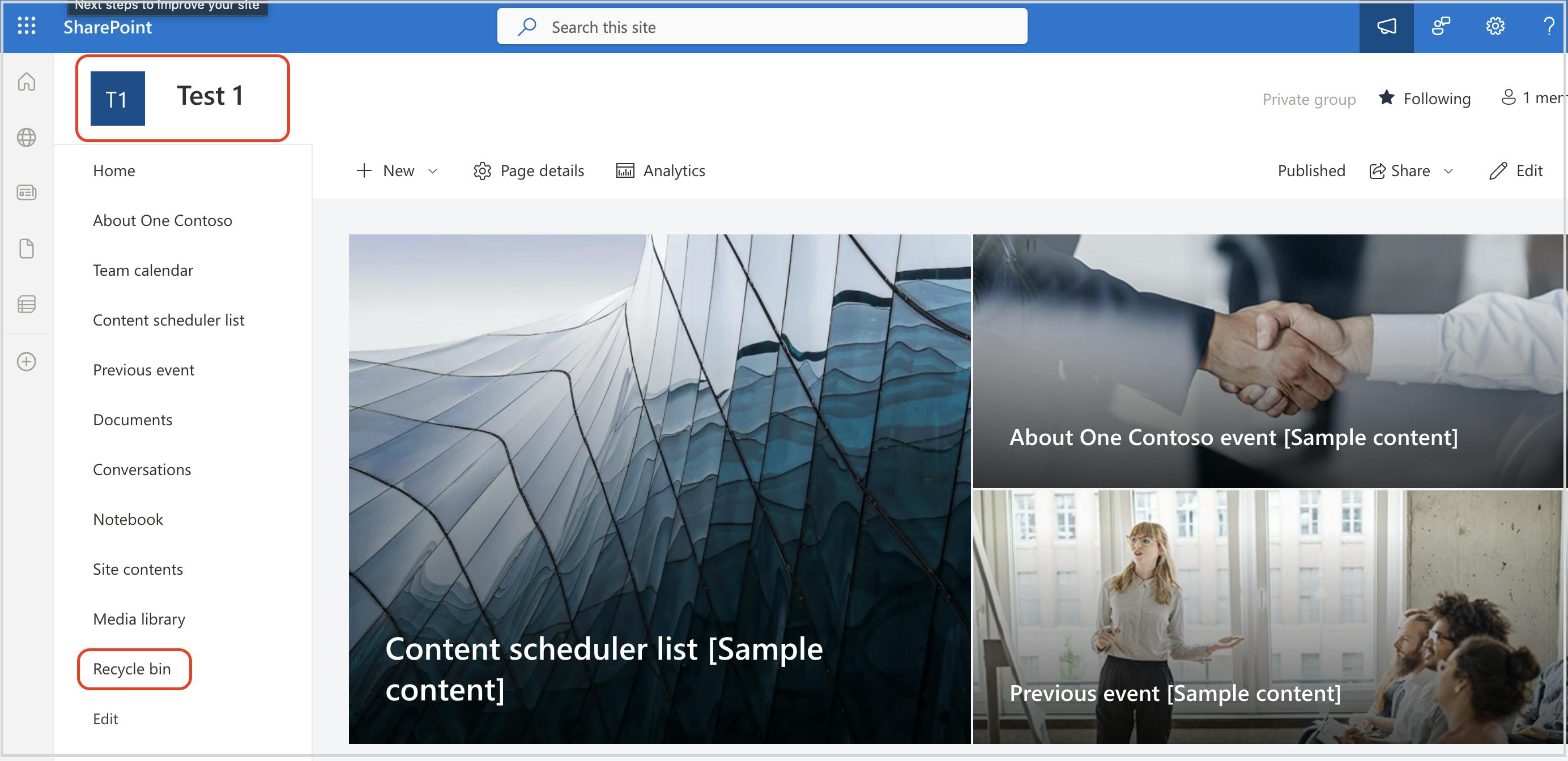 SharePoint Site with the recycle bin folder highlighted.