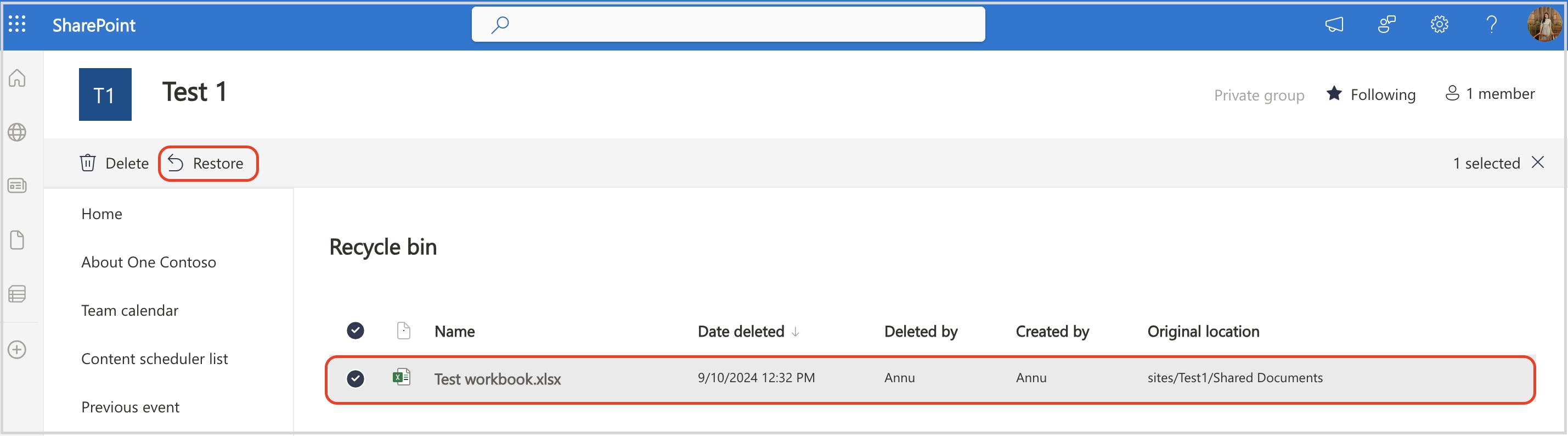 File selected in the SharePoint recycle bin folder and the restore button highlighted. 