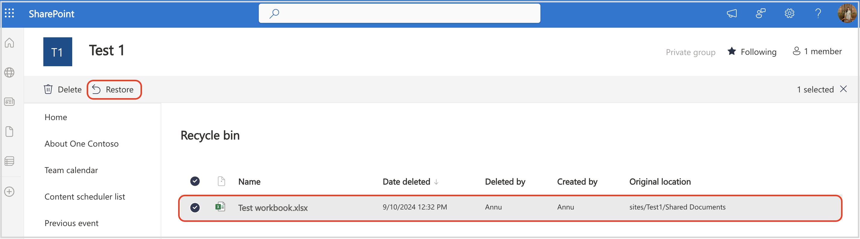 File selected in the SharePoint recycle bin folder and the restore button highlighted.