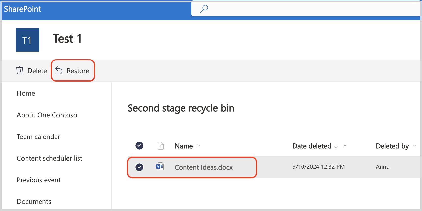 Second stage recycle bin with the restore option highlighted.