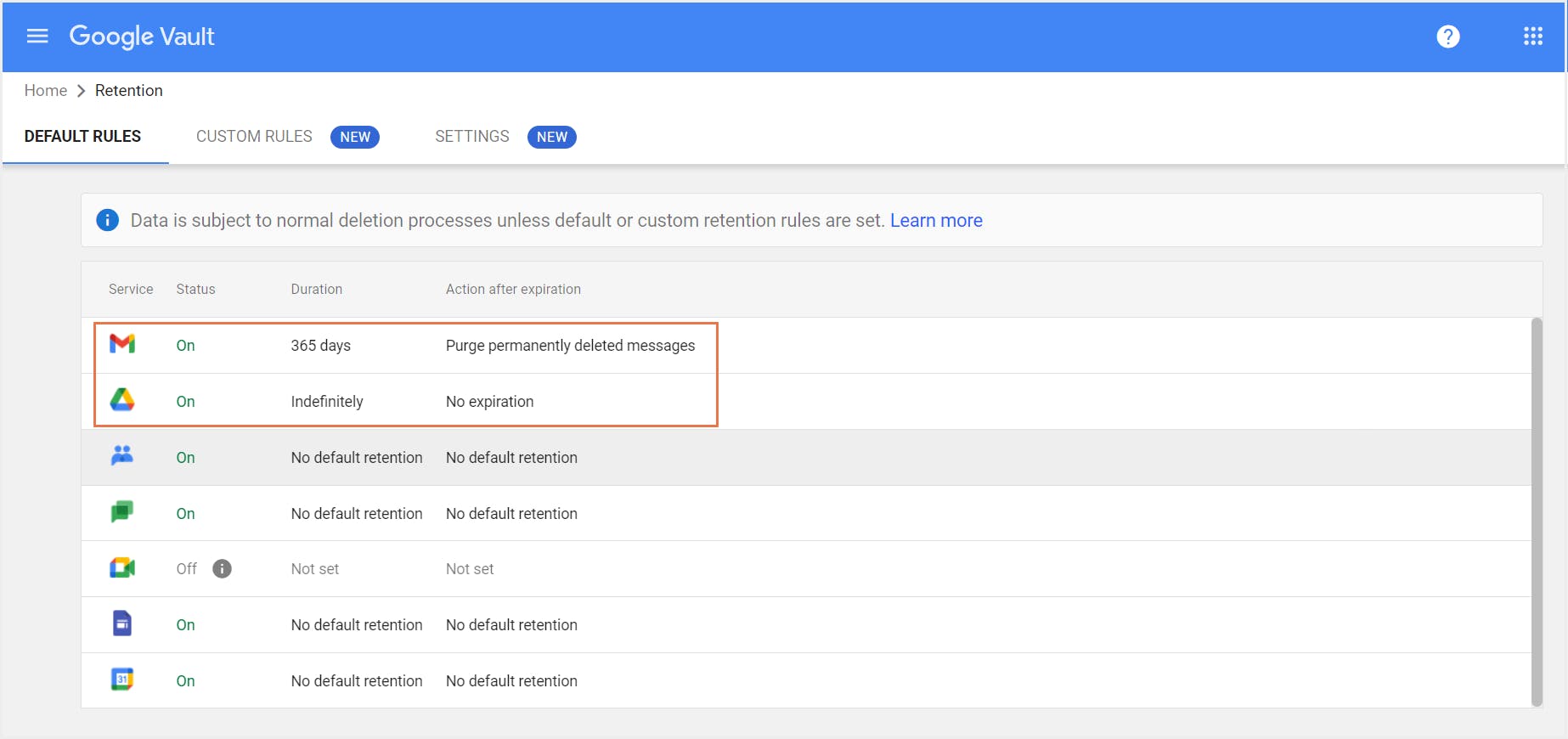 set a retention rule for Gmail and Drive