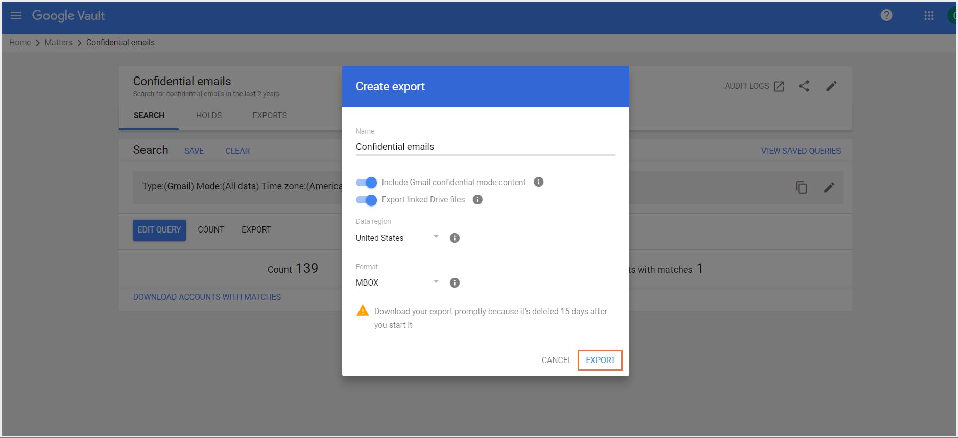 export Google Vault search results