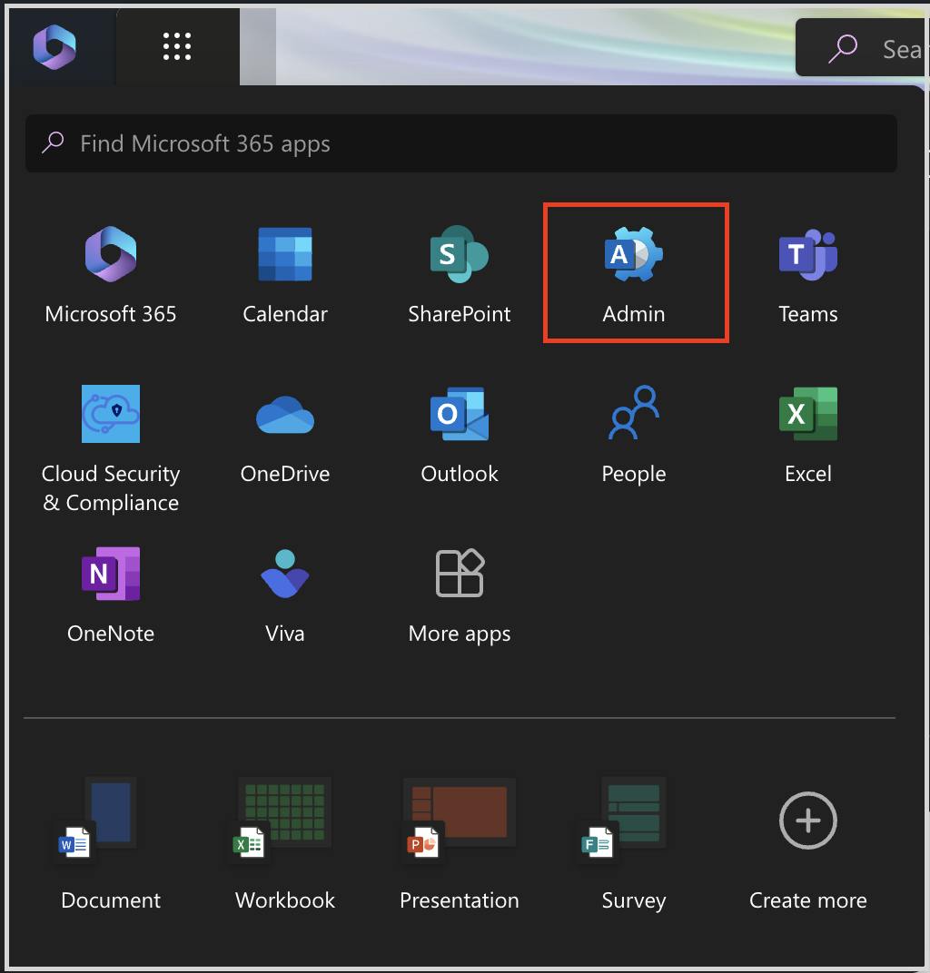 The all apps screen in Microsoft 365 with the admin center highlighted