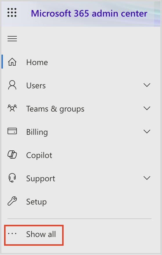 The side panel of the admin center page with the "show all" option highlighted