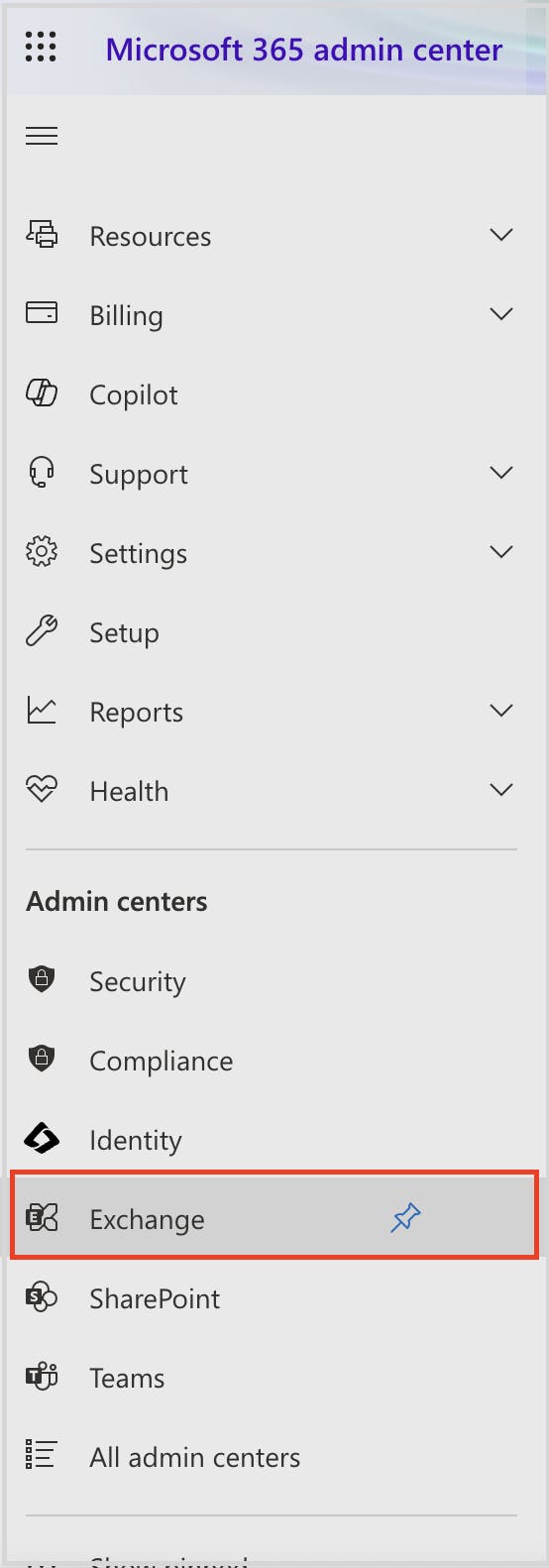 The exchange option highlighted in the Microsoft 365 admin center side panel