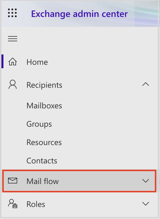 Exchange admin center side panel with the mail flow option highlighted