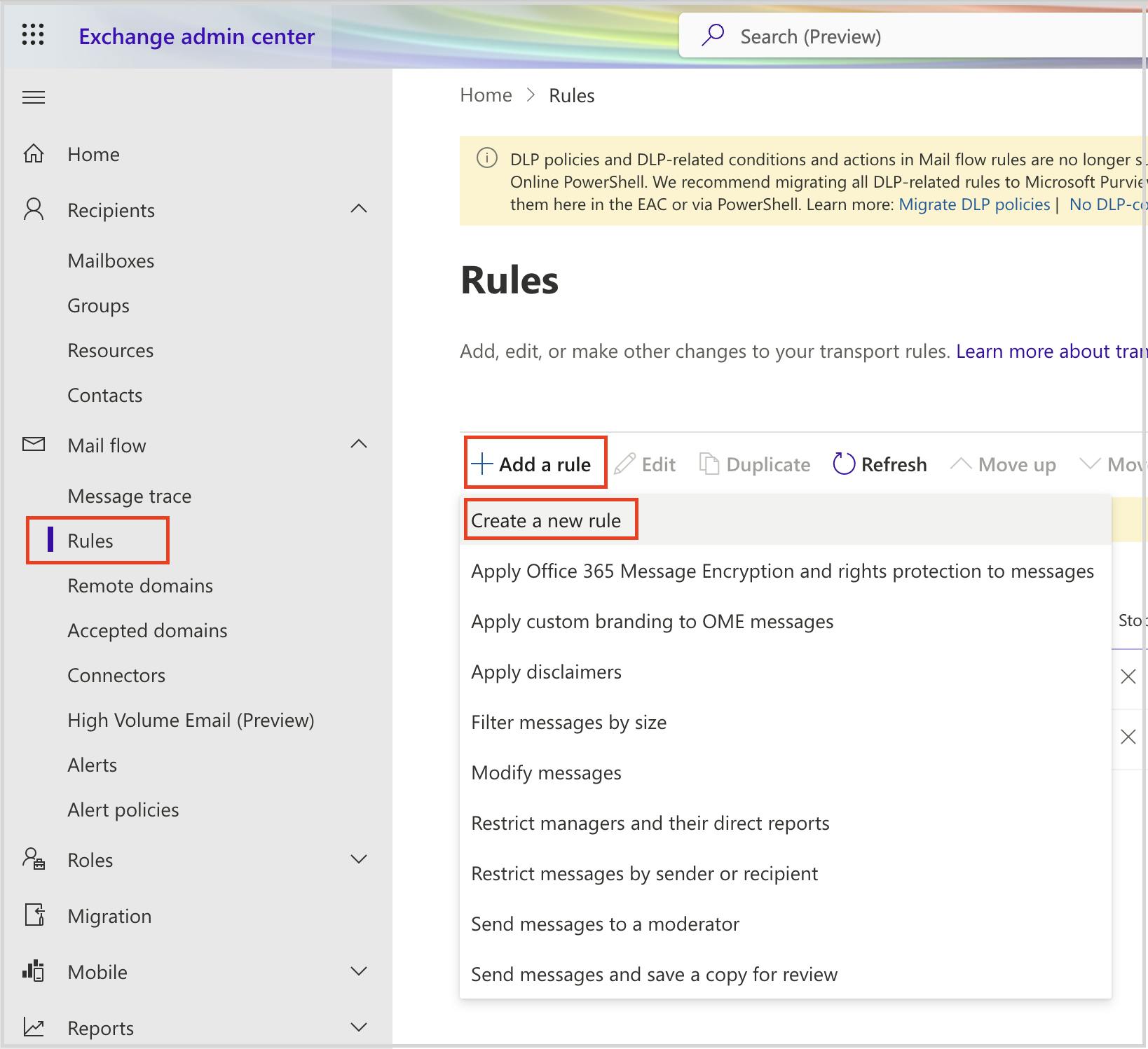 Exchange admin center with the option "Rules" highlighted in the side panel and the "Add a new rule" and "Create new rule" option highlighted.