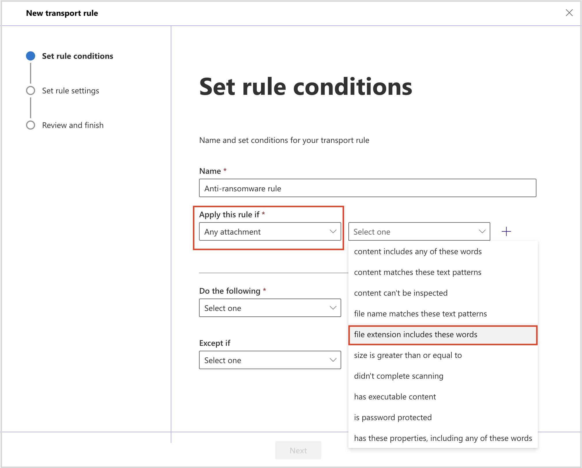 The step one of setting new rule condition