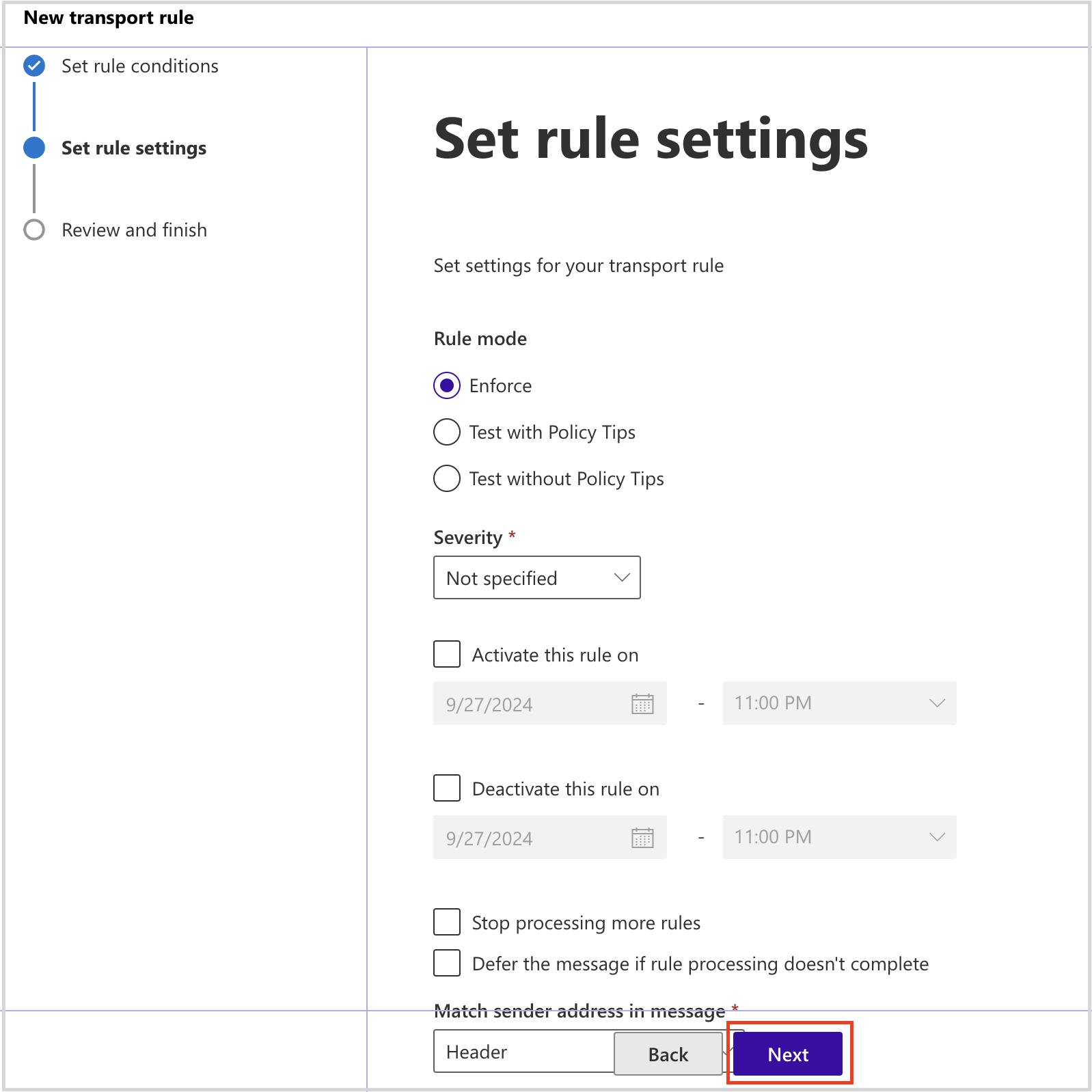 Set new rule settings such as severity and date