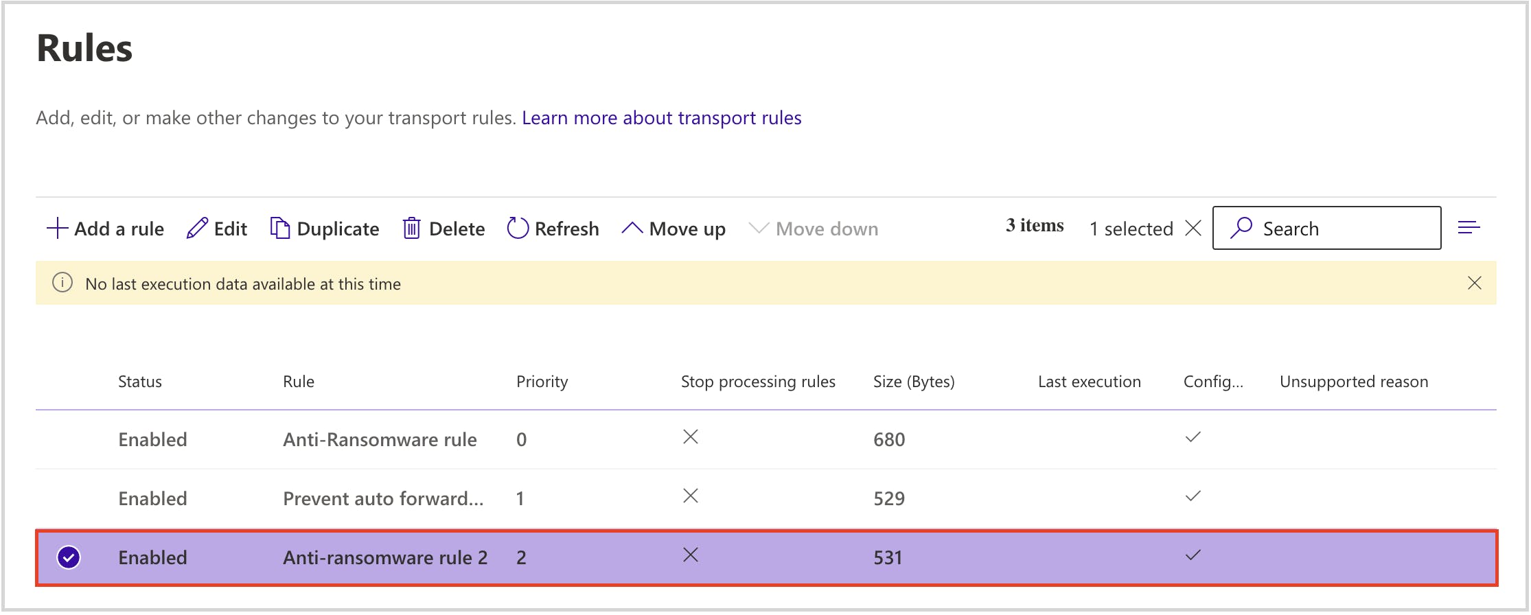 The newly created rule shown under the Rules section