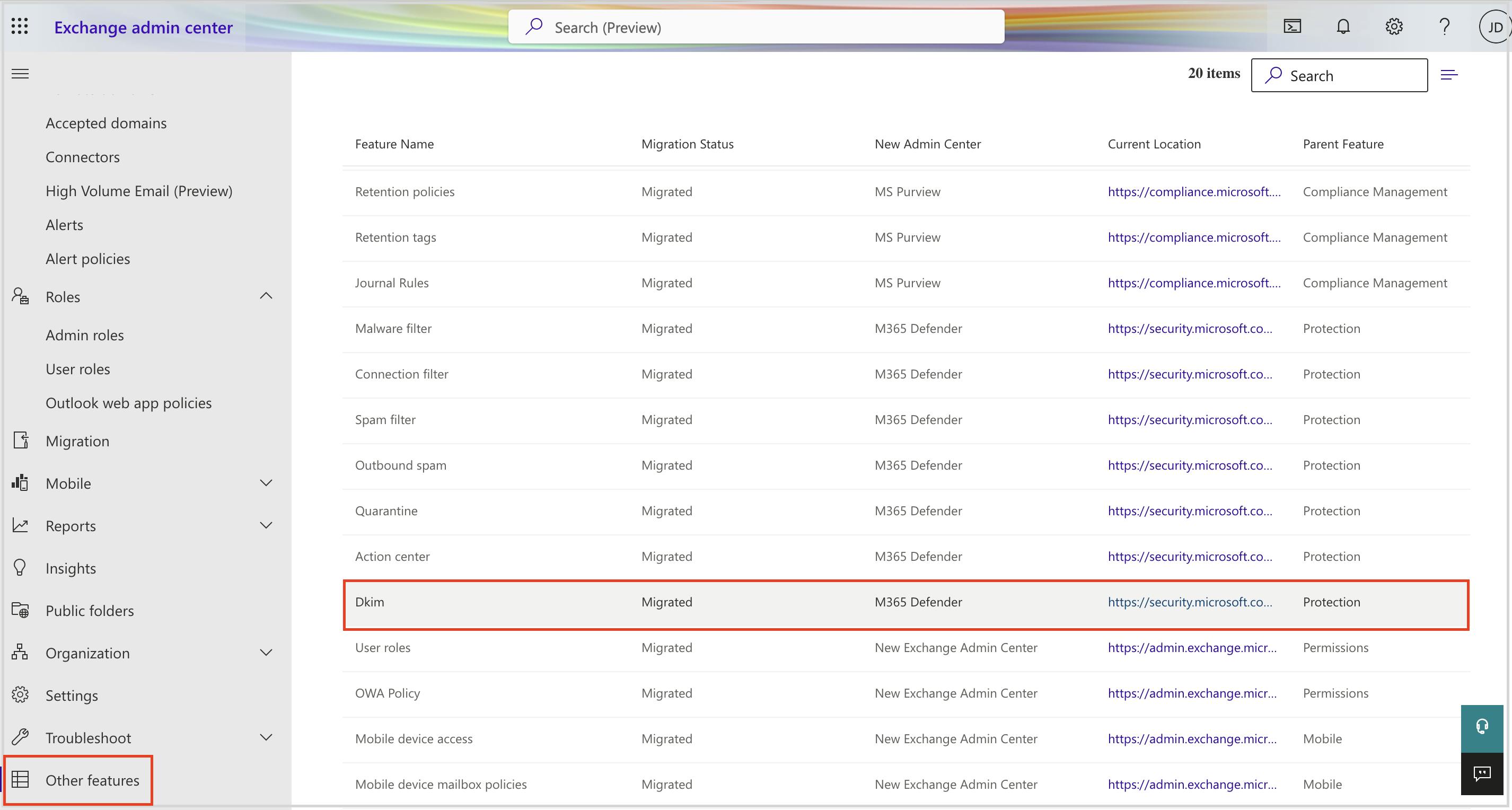 the Other apps option shown in Exchange Admin Center and DKIM is highlighted